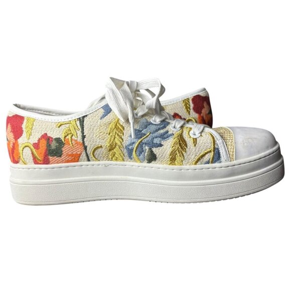 J Slides Women's 9 Noir‎ Floral Embroidered Platform Sneaker White Beige Artsy - Picture 5 of 10